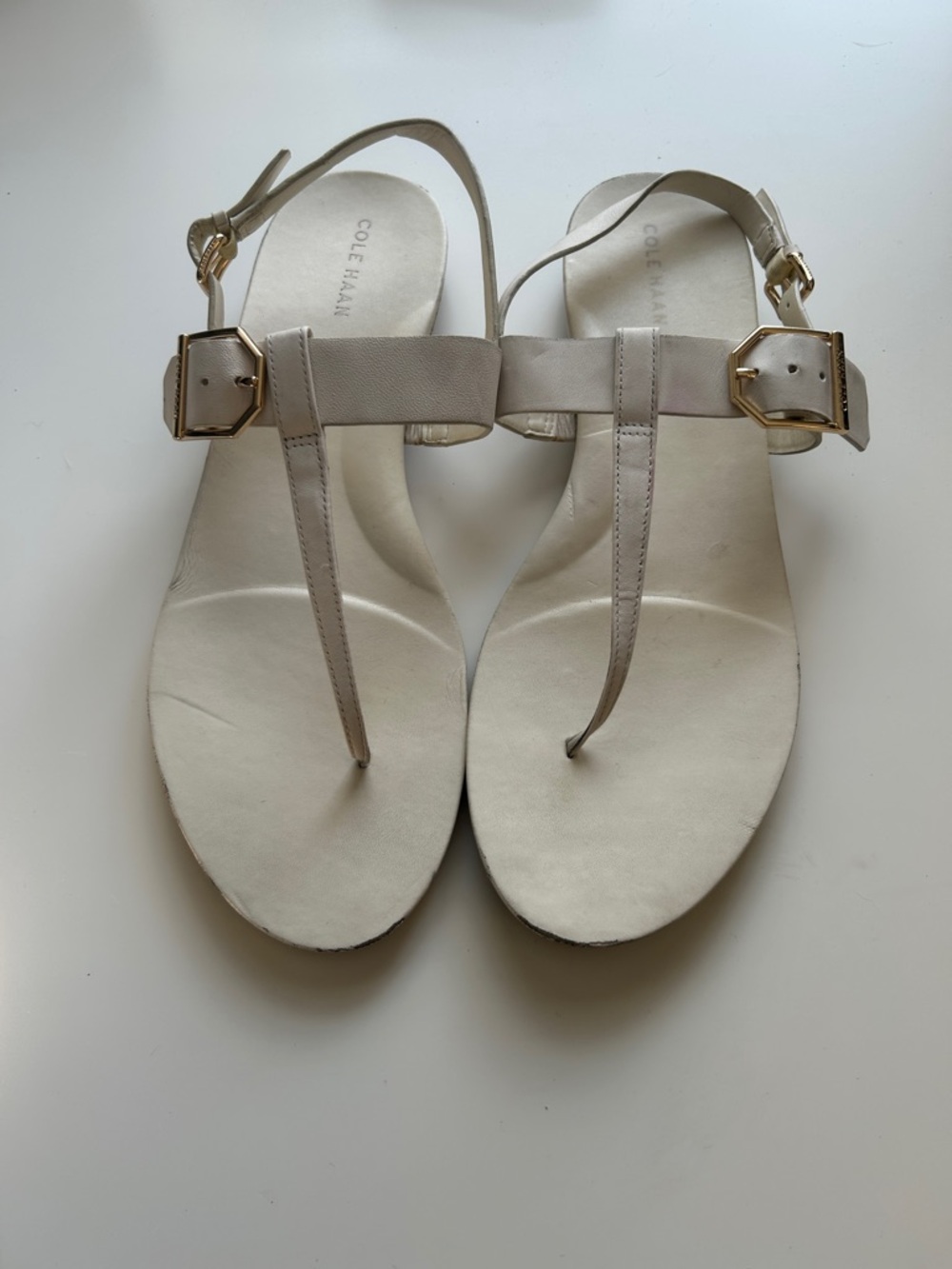 Cole Haan Francine Demi Wedge T-Strap Sandals with Gold Buckles 9B